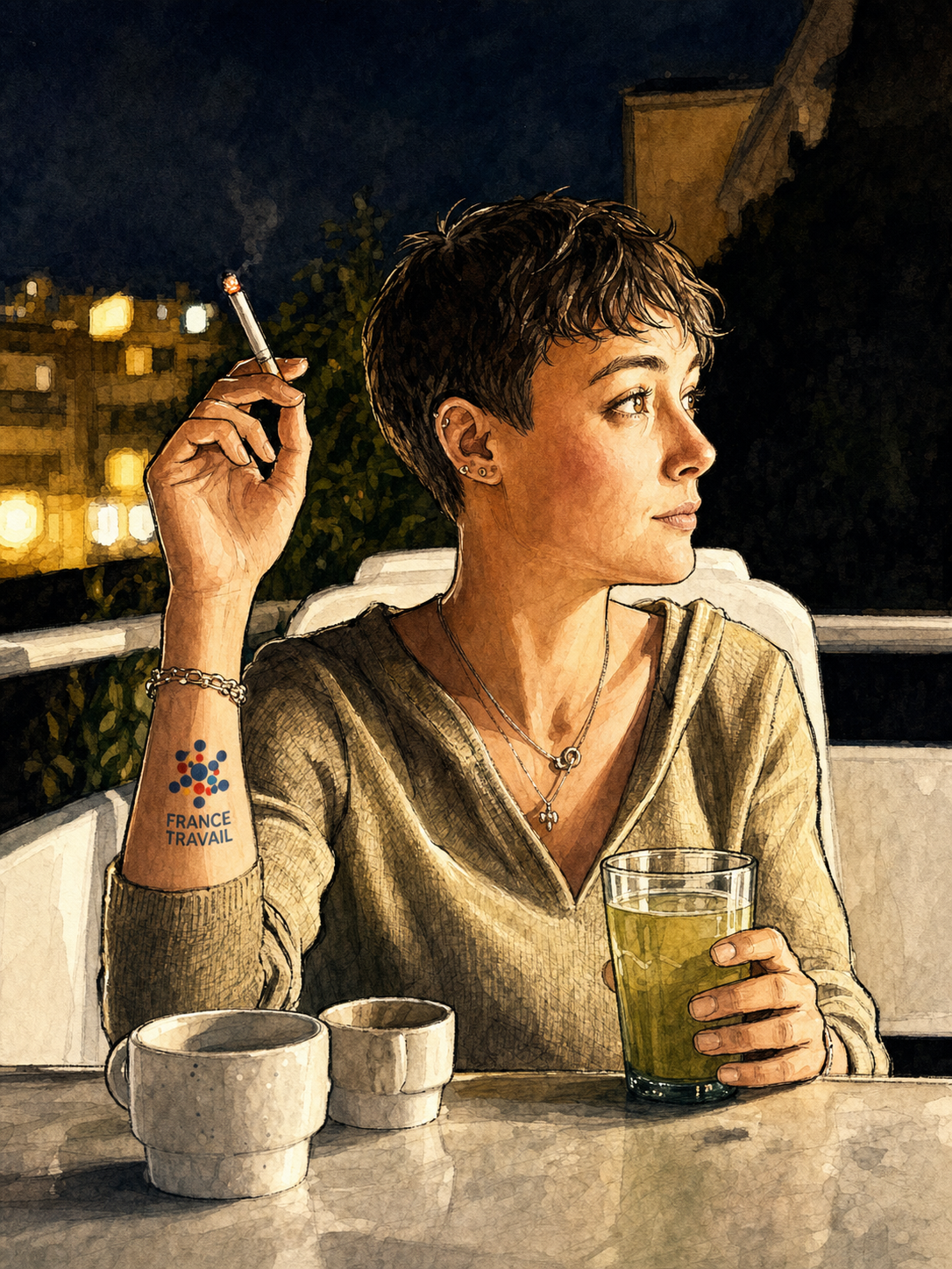 Portrait illustré de Léa assise à une table, le soir
